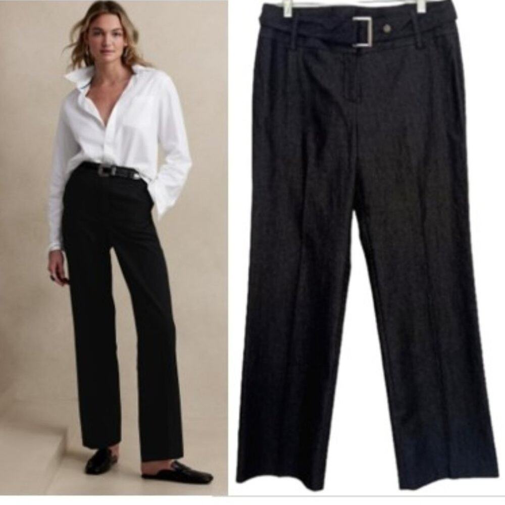 Larry Levine SLACKS Dress Pants Sz 6 BLACK Belted Silver Buckle Office Modern